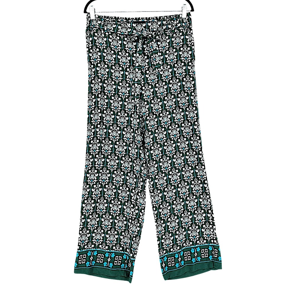 Talbots Wide Leg Pants M Wom Green Floral Damask Boquet EcoVero Boho Loungewear